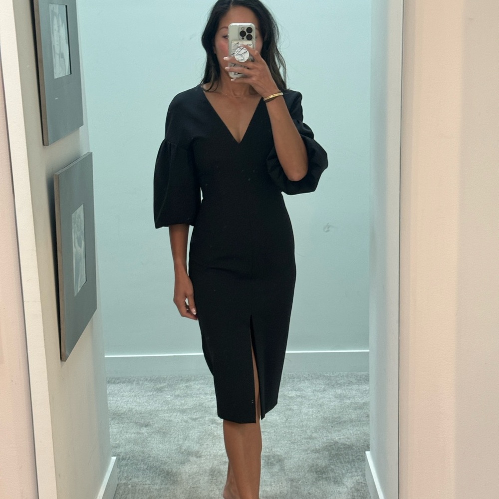 Zara Women XS black column/cocktail dress w low v-neck and balloon sleeves